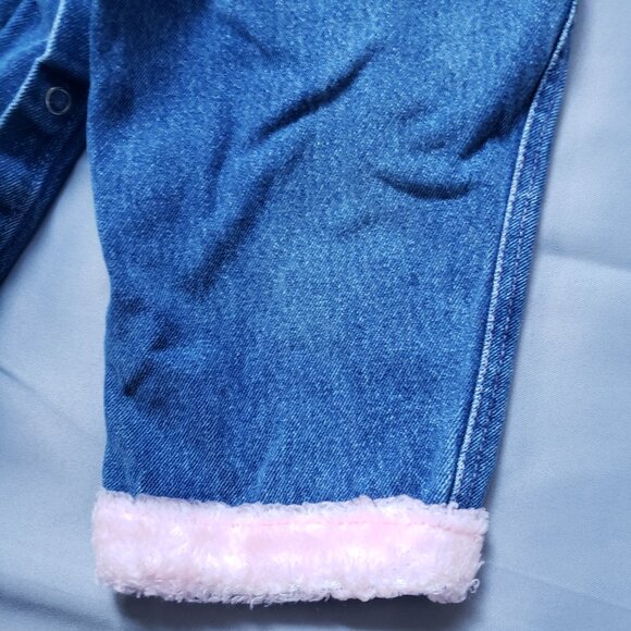 Rare Vintage Y2K Overalls Blue Denim Pink Fur Trim Baby Girls 18 Mo Poodle Dog - Picture 2 of 9